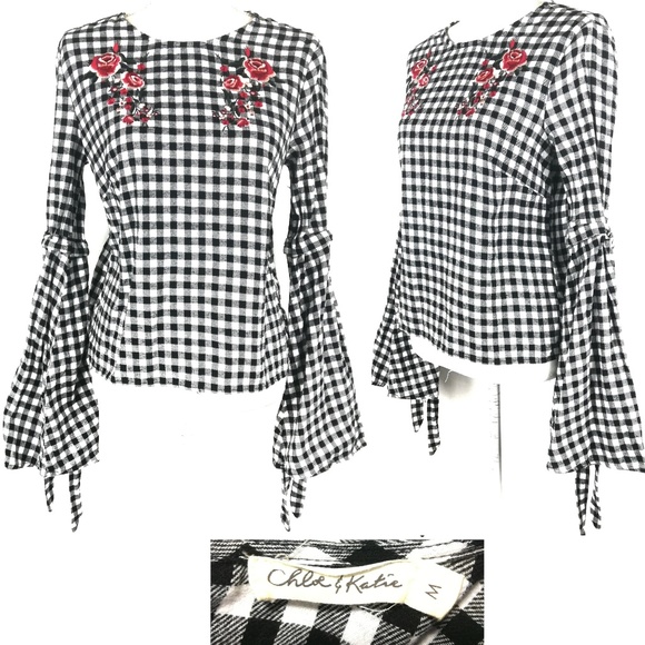 Chloe & Katie Tops - * gingham plaid bell sleeve floral embroidered top